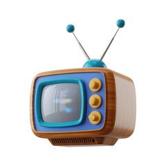 A cartoonish retro television with antenna and yellow buttons isolated on a black background in a studio