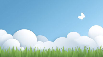 Fototapeta premium Bright blue sky with fluffy white clouds and vibrant green grass below, featuring a delicate butterfly fluttering above, creating a serene and peaceful outdoor atmosphere with copy space
