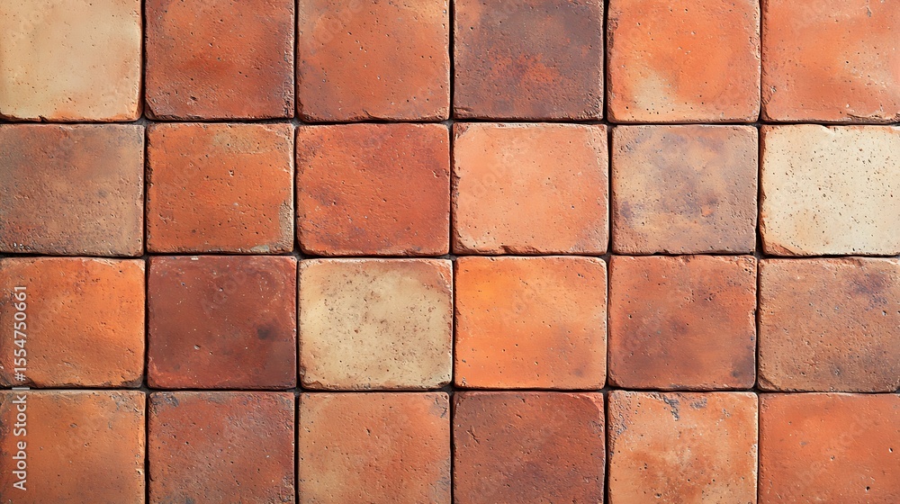 Poster close-up of a rustic terracotta tile floor with varied earthy tones, displaying natural texture and 