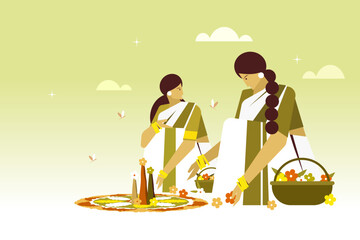Traditionally dressed women making floral designs on floor. Concept of Onam festival in Kerala	
