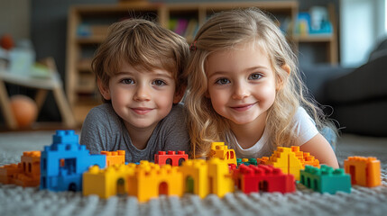 Kids having fun with toys and building blocks, creating happy moments together. Social and emotional development 