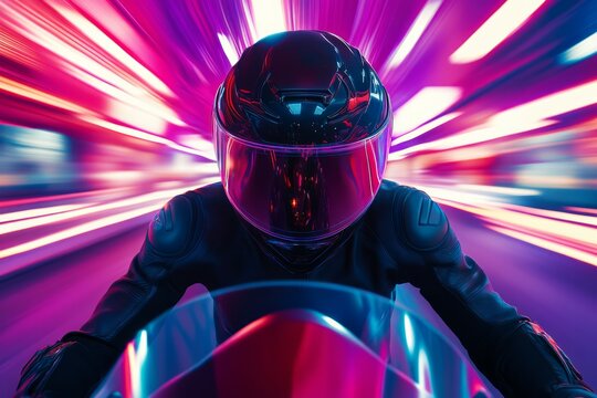 Futuristic biker in neon tunnel race. Neural network AI generated