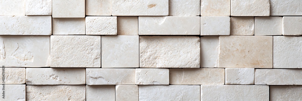 Poster a close-up view of a textured wall made from rectangular beige stone tiles arranged in a staggered p