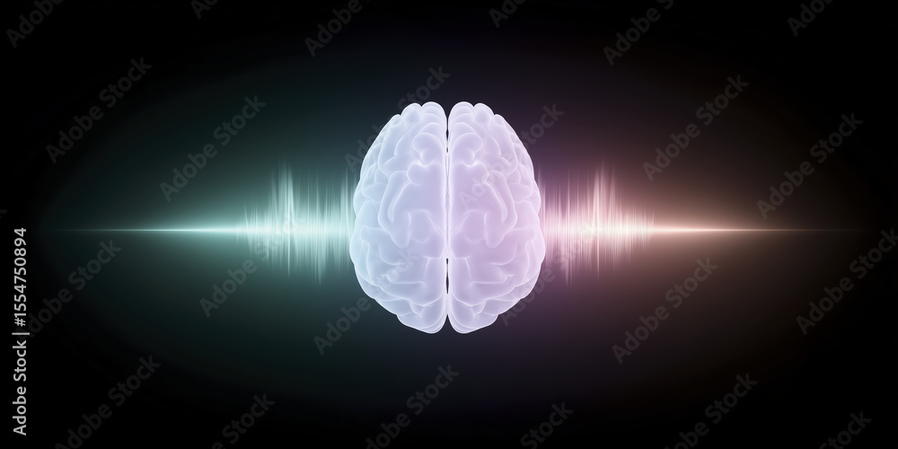Poster abstract illustration of a human brain with sound waves emanating from both sides, symbolizing the c