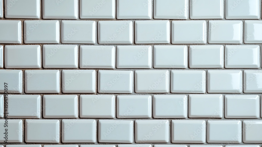 Poster glossy white rectangular subway tiles with slightly beveled edges arranged in a brick pattern on a w