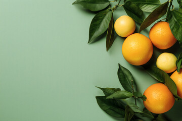 Citrus fruit arrangement of oranges and lemons with leafy branches on a solid green background.