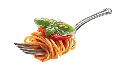 Fork of spaghetti with tomato sauce and basil isolated on a white background