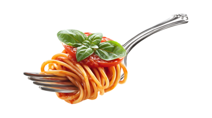 Fork of spaghetti with tomato sauce and basil isolated on a white background