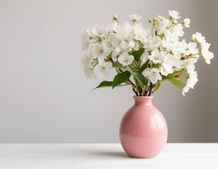 White flowers in minimalist vase on white table. minimalist background