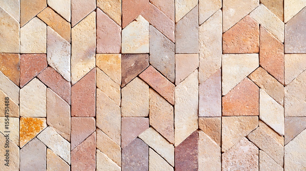 Aufkleber a textured wall made of rectangular stone tiles arranged in a zigzag pattern with warm earth tones.