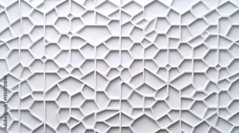 Poster a white, abstract geometric pattern with irregular polygonal shapes forming a honeycomb-like texture