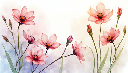 Fototapeta premium Delicate Pink Flowers Watercolor Painting Style