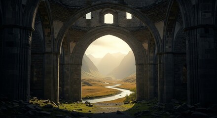 Fototapeta premium A photorealistic painting of the mythological realm of Asgard, with a shining city and the Bifrost bridge flowing into cosmic clouds.