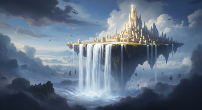 A photorealistic painting of the mythological realm of Asgard, with a shining city and the Bifrost bridge flowing into cosmic clouds.
