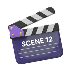 Obraz premium A stylized purple and black clapperboard with scene twelve displayed on it against a black background