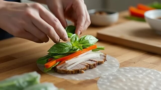 Preparing a fresh spring roll with sliced meat, vegetables, and herbs on a wooden kitchen counter