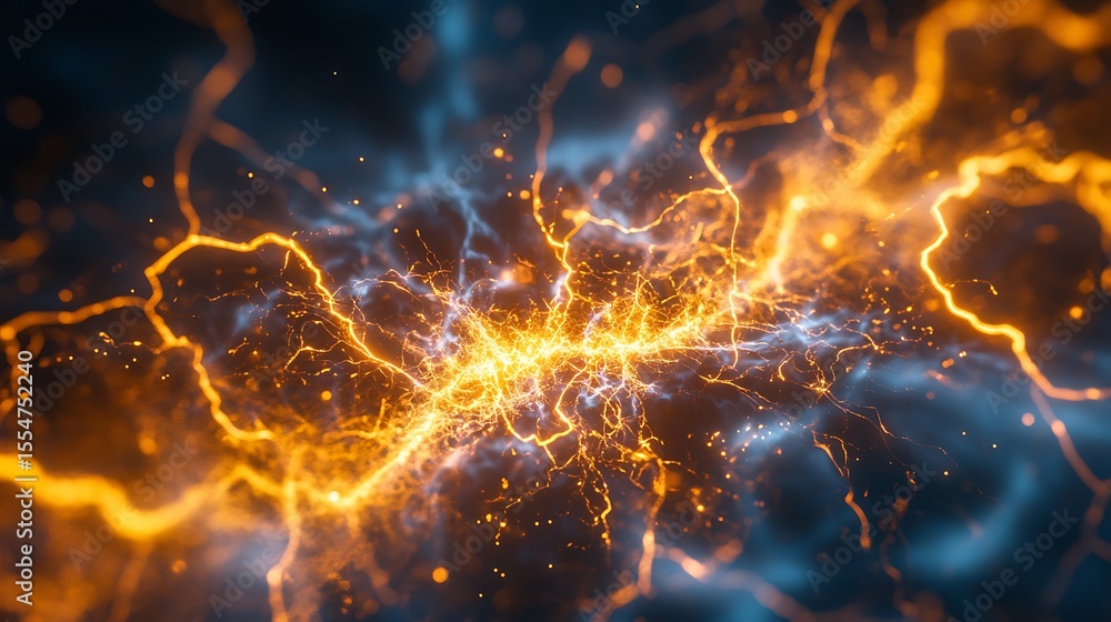 Poster golden electrical discharge visual abstract concept and background with energy waves and particle st