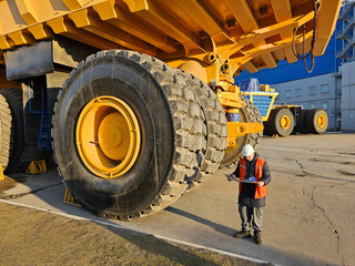 A man in a safety vest is standing next to a large yellow tire. The tire is on a truck and the man is checking it