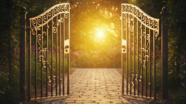 Beautiful garden gate opening to a sunlit pathway surrounded by flowers