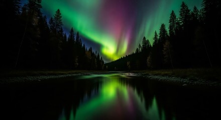 An eye-catching wallpaper of a river glowing with vibrant, neon magenta light, flowing through a dark, alien landscape of sharp black crystals.