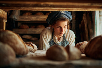 Focused bakery worker arranging freshly baked bread loaves on shelves in a rustic setting.