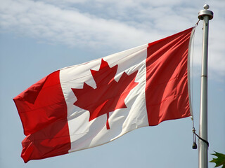 A vibrant Canadian flag with its iconic red maple leaf boldly waves in the wind against a clear blue sky, a national symbol of patriotism