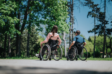 Obraz premium A couple in wheelchairs enjoying a peaceful and sunny urban park surrounded by green trees, symbolizing accessibility, love, and connection with nature.