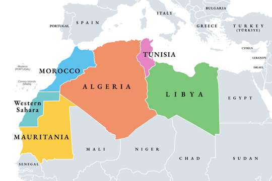 Maghreb, multi colored political map. Also known as Arab Maghreb, and Northwest Africa, a region including Algeria, Libya, Mauritania, Morocco, Tunisia, and the disputed territory of Western Sahara.