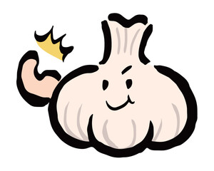 元気いっぱいに力こぶを作るにんにくのゆるキャラ