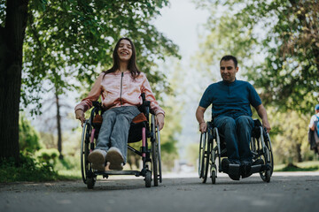 A couple in wheelchairs shares a joyous and sunny day outdoors, symbolizing love, connection, and...