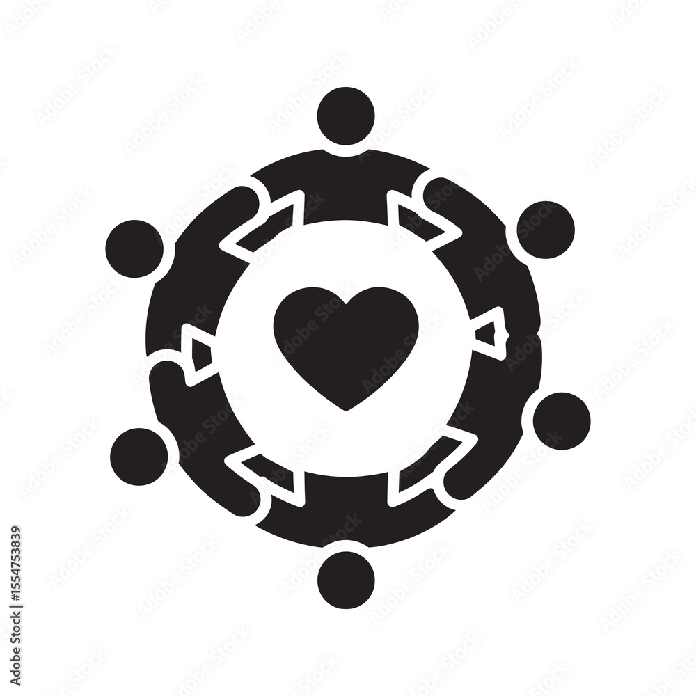 Aufkleber community support icon showing people in a circle holding hands around a heart representing unity te