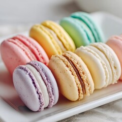 Colorful macarons on white plate