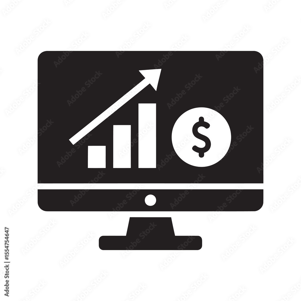 Poster online financial analytics icon with a computer screen showing a bar chart graph for business stock 