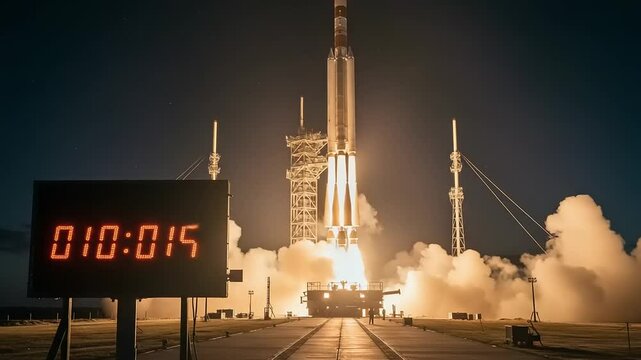 Rocket launch countdown at night with flames and smoke, showcasing a powerful liftoff