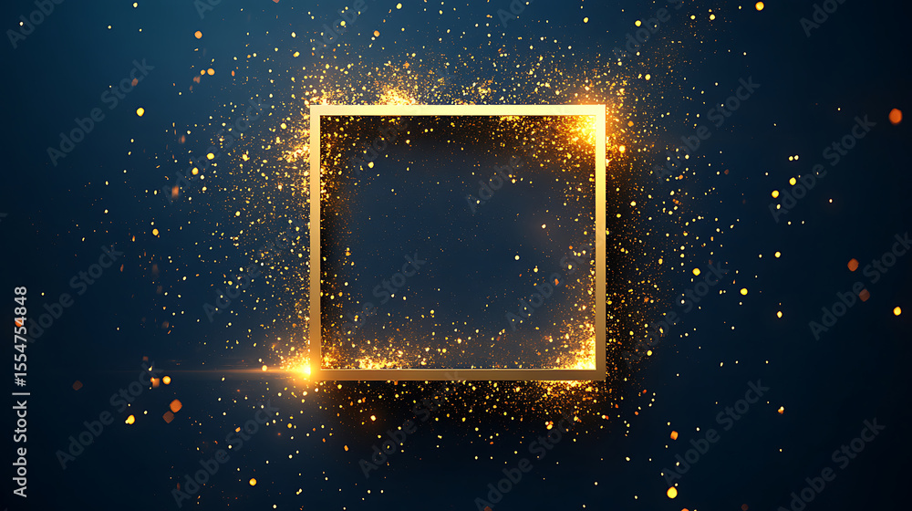 Poster golden frame with glittering particle effects on a dark blue gradient background creates a luxurious
