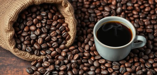 Fototapeta premium Dark roasted coffee beans spilling from burlap sack beside steaming cup of black coffee, energy, strong