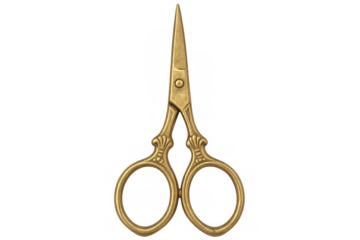 Close-up of ornate, antique golden scissors, perfect for crafting or design projects, isolated on a transparent background
