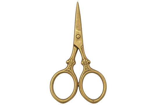 Close-up of ornate, antique golden scissors, perfect for crafting or design projects, isolated on a transparent background