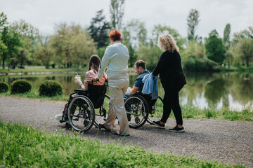A serene scene showcasing caregivers accompanying wheelchair users through a lush, green park near...