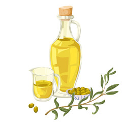 Olive oil bottle, small oil jug, olive branches and plate of olives vector composition. Hand drawn cartoon illustration for culinary, packaging, product branding, menu design, stickers
