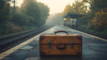 A weathered vintage suitcase sits abandoned on a misty train platform at sunrise, evoking a sense of forgotten journeys and poignant farewells
