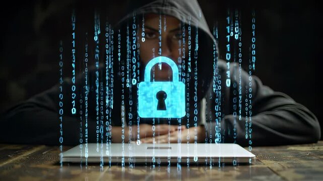 Mysterious Cybersecurity and Data Protection Hacker in Hoodie with Laptop, Digital Lock, Binary Code, Encryption, and Internet Technology Focused Atmosphere
