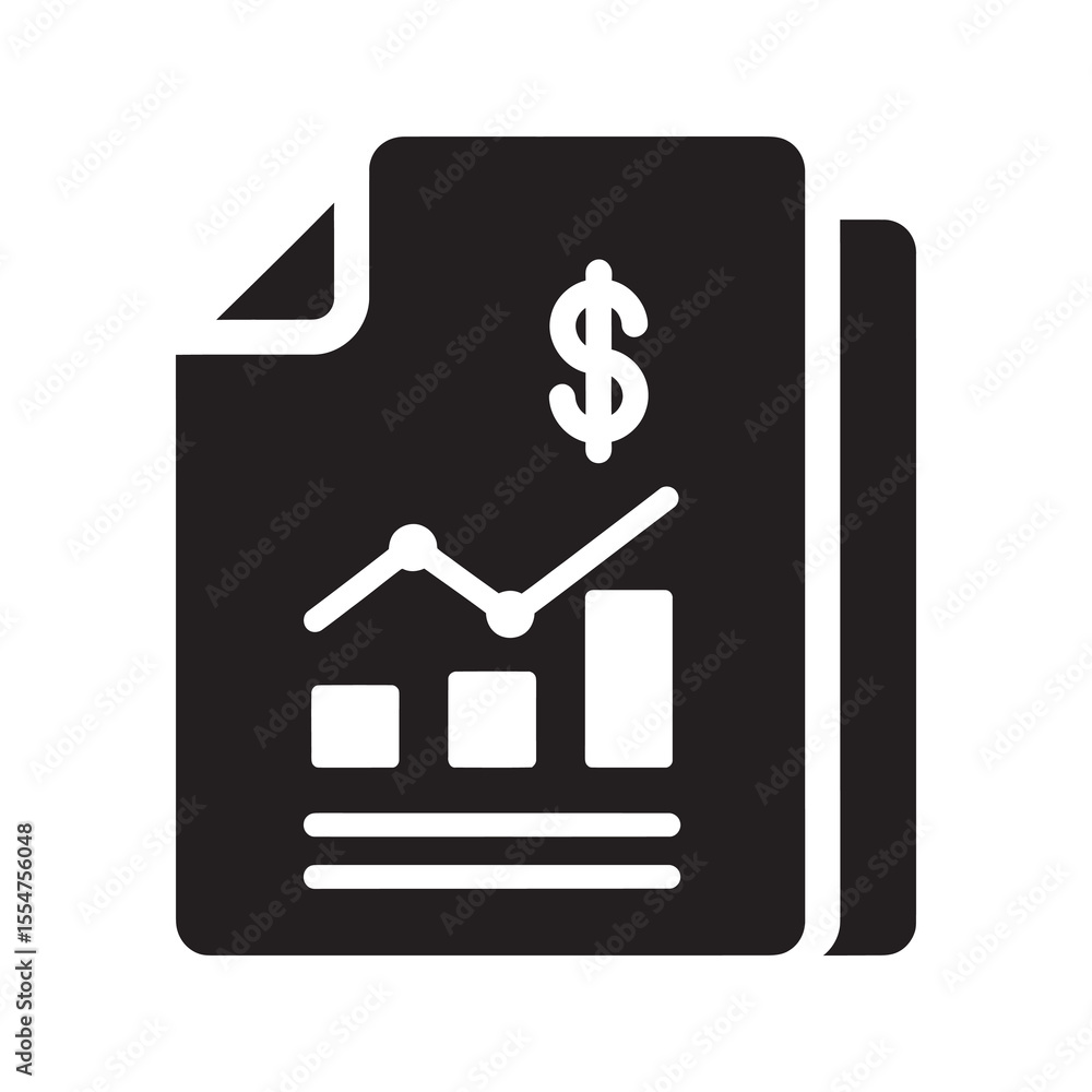 Poster financial report icon with a business document showing a bar chart graph and dollar symbol for an ac