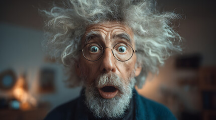Surprised elderly man with wild gray hair and round glasses expressing shock or amazement