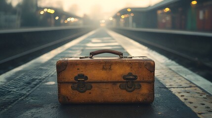A weathered vintage suitcase sits abandoned on a misty train platform at sunrise, evoking a sense of forgotten journeys and poignant farewells