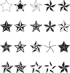 Collection of decorative star shapes in outline and filled styles. Perfect for icons, badges, design motifs, labels, or celebratory vector elements.