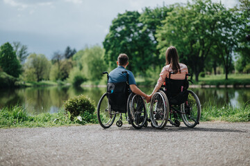 Obraz premium Two people utilizing wheelchairs hold hands by a serene lakeside, surrounded by lush greenery, exemplifying friendship, inclusivity, and nature's tranquility.