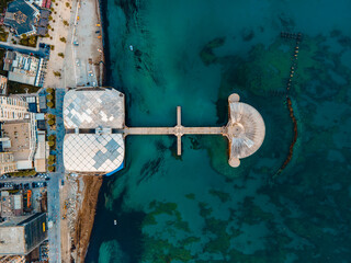 High-resolution top-down aerial photo of the Volga Pier (Shëtitorja Volga) in Durrës, Albania. 