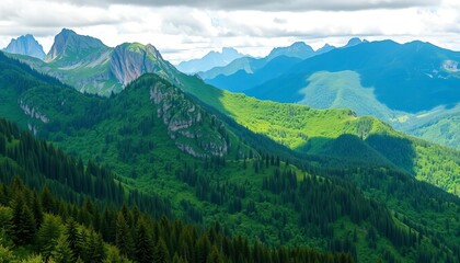 Fototapeta premium Majestic mountain range with lush green forest, perfect for wallpaper or tourism designs, woodland, illustration