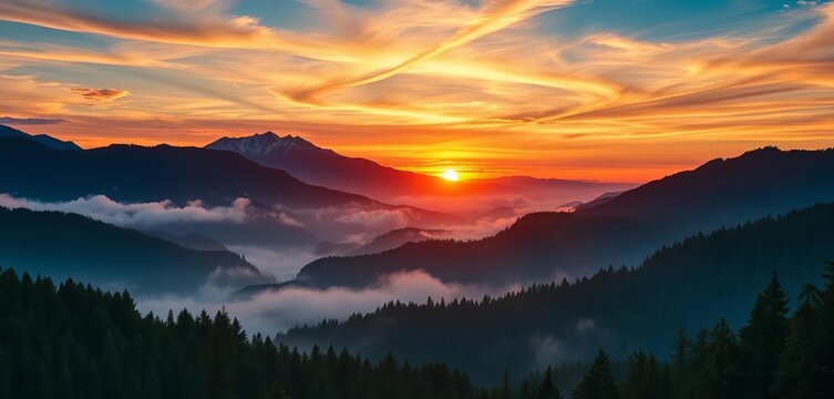 Majestic sunrise/sunset over misty mountain range, lush forest, vibrant colors, woods, scenery